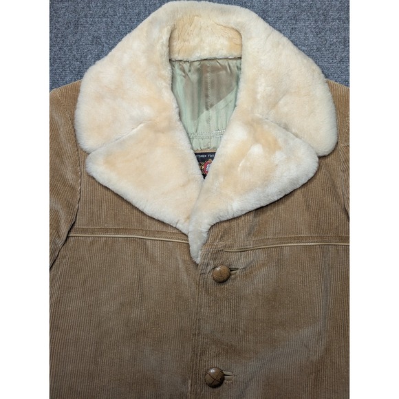 NICE Vintage 1970s Corduroy Coat Men 40 Tan Corduroy Faux Fur Collar Yugoslavia - Picture 3 of 11